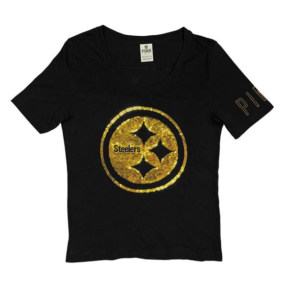 Victoria’s Secret PINK NFL Pittsburgh Steelers Sequin Tee Black T Shirt Small VS - Picture 1 of 16